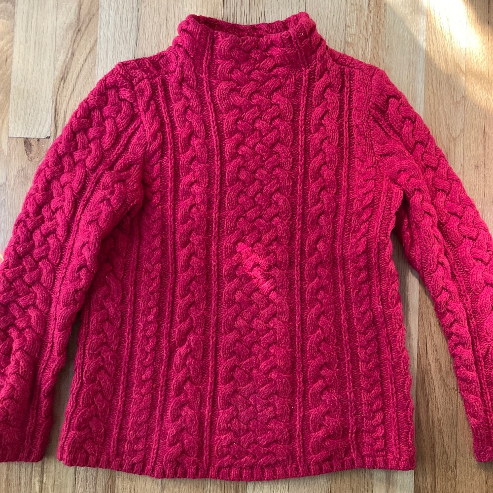 Lands End Red Cable knit  Mock neck Turtleneck Sweater